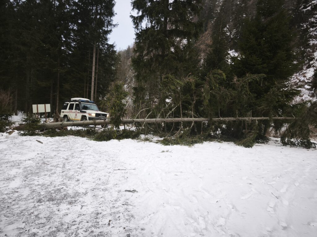 vozidlo HZS na modrom TZCH do Žiarskej doliny s padnutým stromom cez TZCH