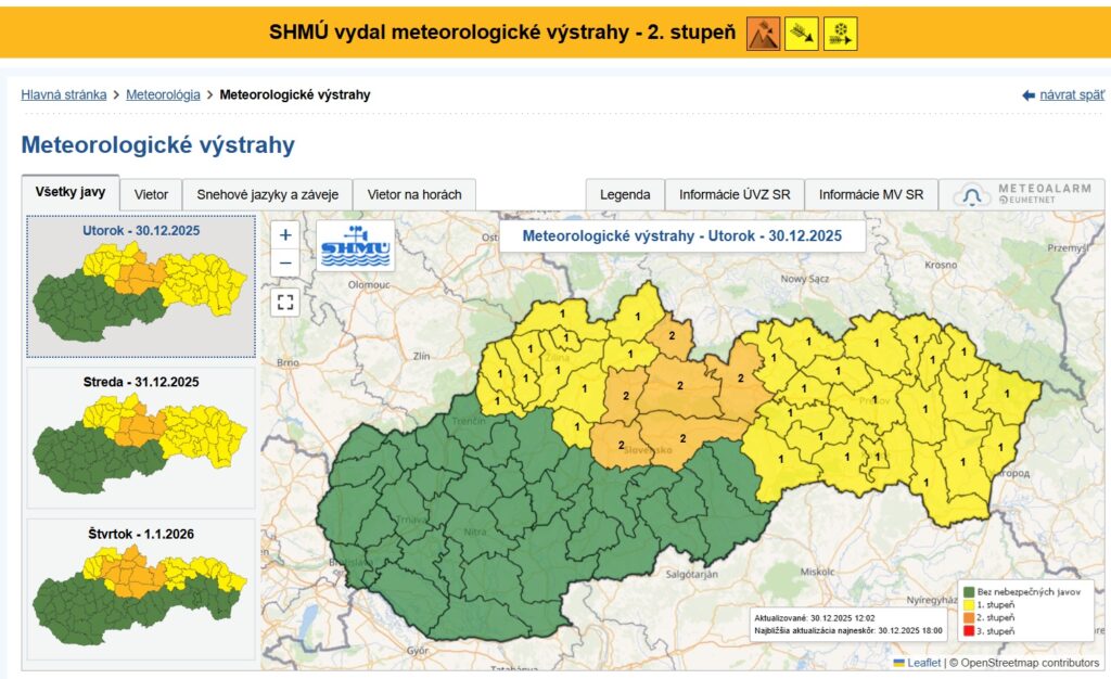 meteorologické výstrahy na mape Slovenska