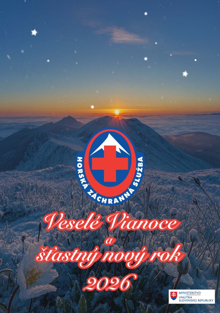 Vianočné a novoročné prianie, pohľad zo zasnežených hôr na západ slnka s textom Veselé Vianoce a šťastný nový rok 2026, logo HZS a MV SR