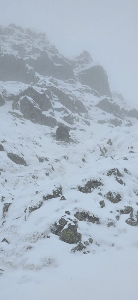 uviaznutý snowboardista v exponovanom zasneženom skalnom teréne, na mieste zlá viditeľnosť kvôli hmle 