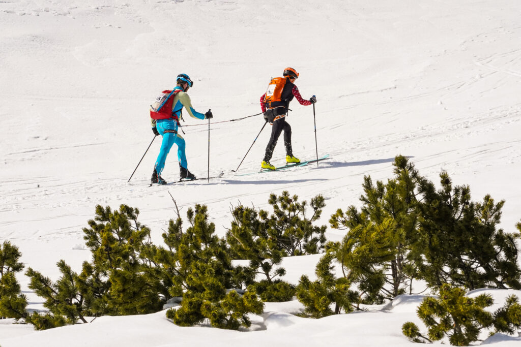 dvojica pretekárov zachytený pri výstupe na skialpinistických lyžiach, naviazaní na lane 