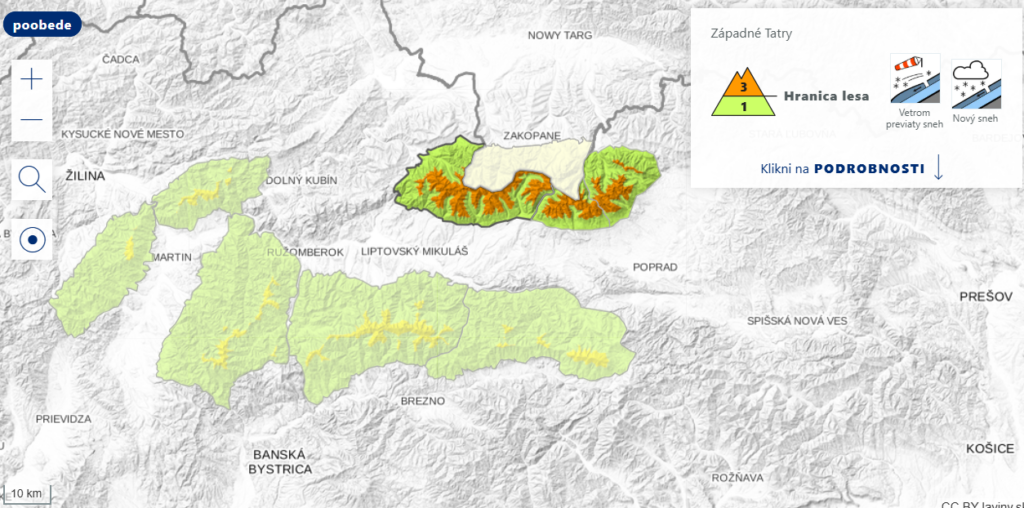 mapa zobrazujúca lavínovú predpoveď na poobedie 27.03.2026