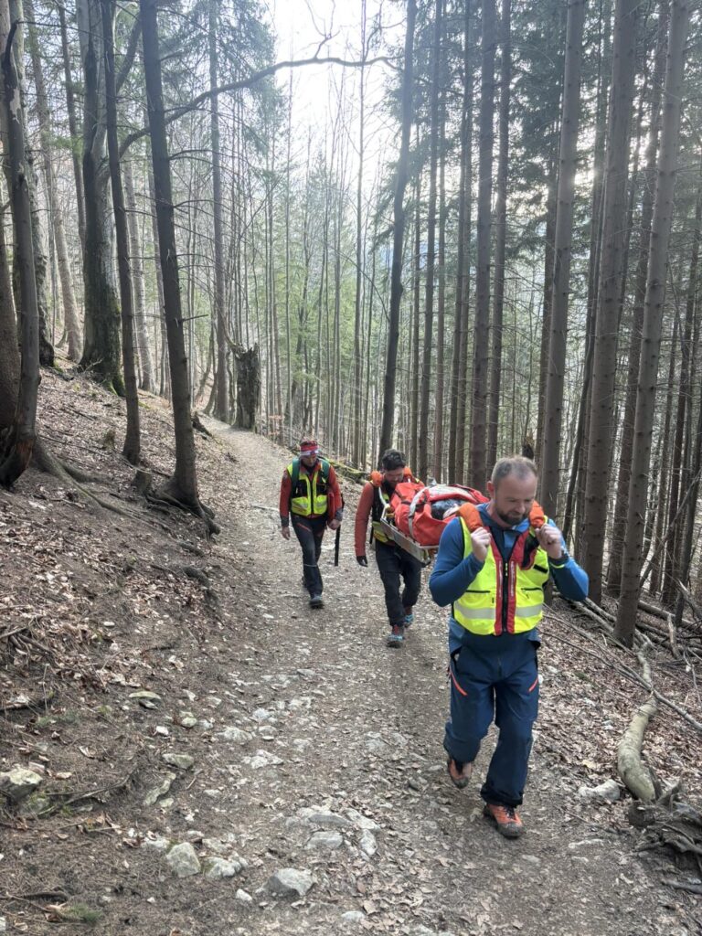 záchranári HZS pri transporte pacientky na chodníku vedúcim lesom, pacientka nabalená v nosidlách, záchranári majú nosidlá na chrbte 