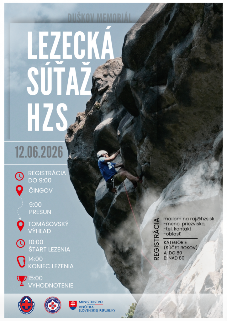 plagát k Lezeckej súťaži HZS s popisom programu a miesta konania, na plagáte lezec na skale