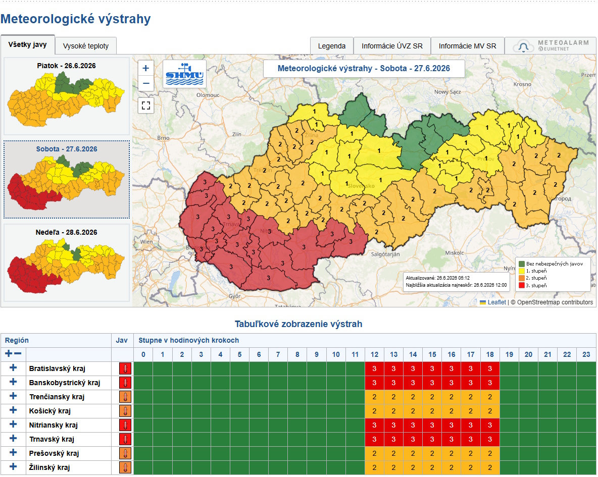 mapa zobrazujúca meteorologické výstrahy